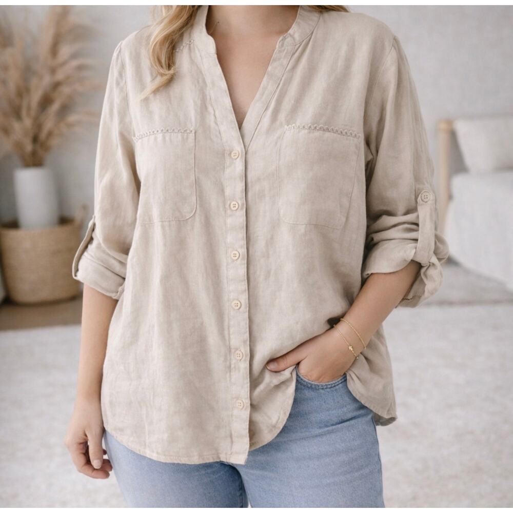 Harve Bernard 100% Linen Blouse Beige Minimalist Button Front Sz L - Picture 1 of 7